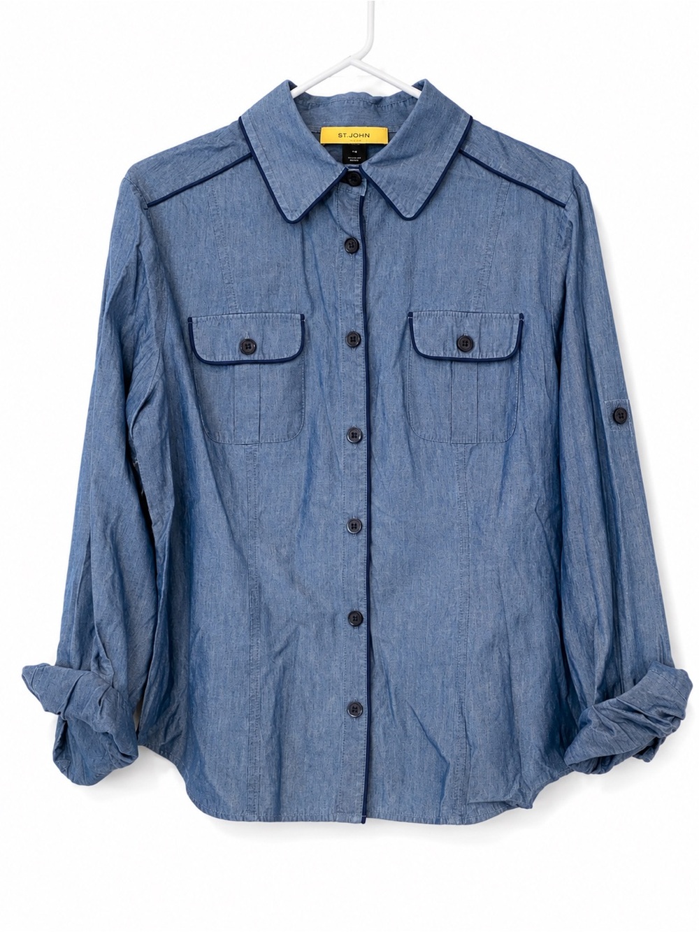 St. John Women’s 14 Chambray Cotton Utility Button Down Shirt Blue